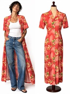 Vintage hibiscus print, pink button pencil dress.  Or- Wear as a jacket.